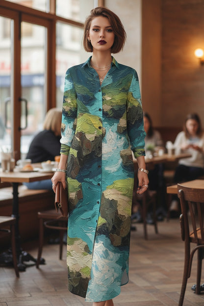 Woman in a colorful dress standing in a restaurant.