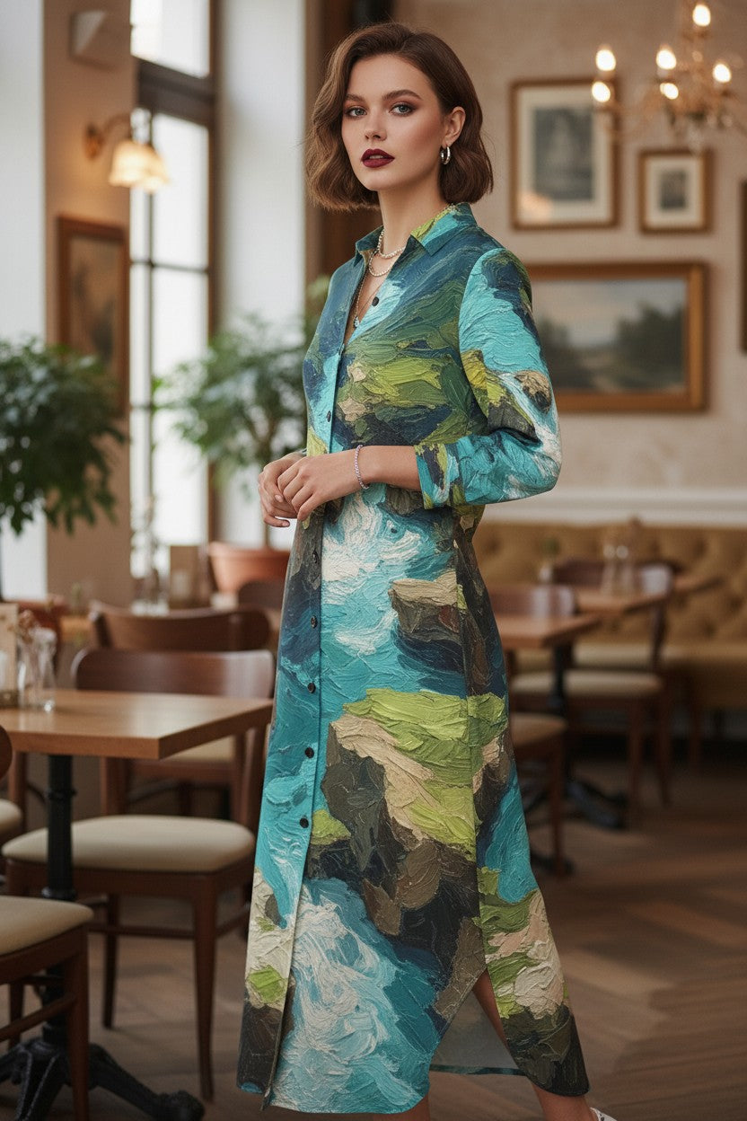 Woman wearing a colorful dress in a restaurant setting