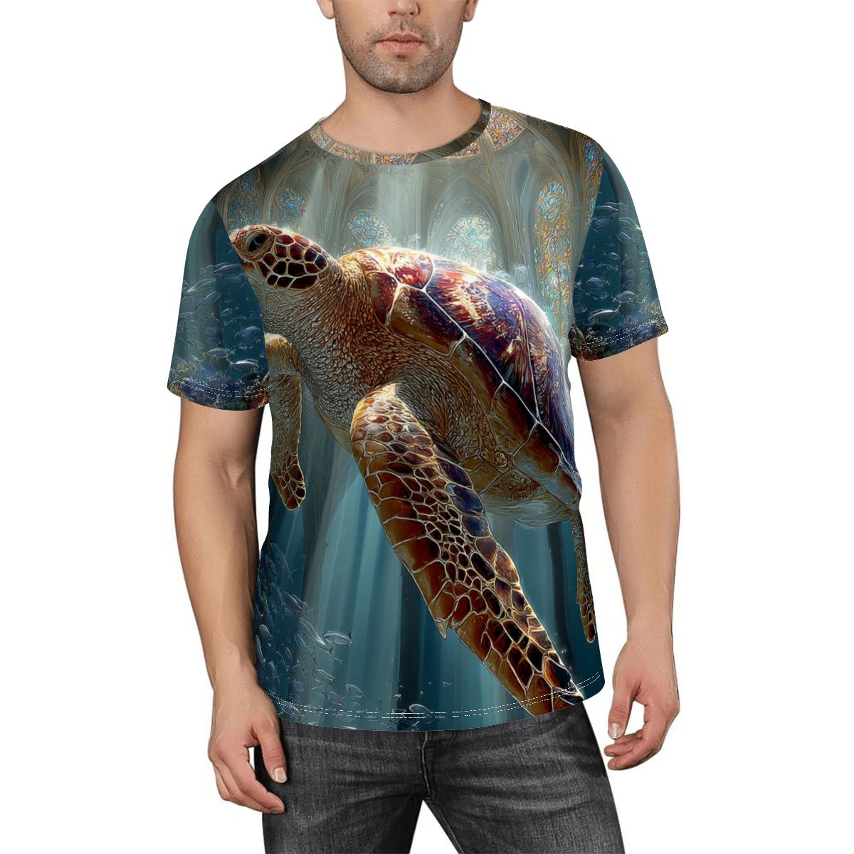 Man wearing a t-shirt with a turtle design on a white background