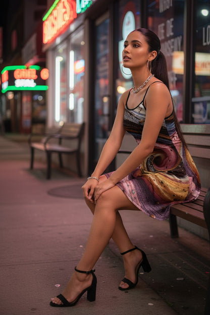Woman sitting on a bench in an urban setting with neon signs in the background