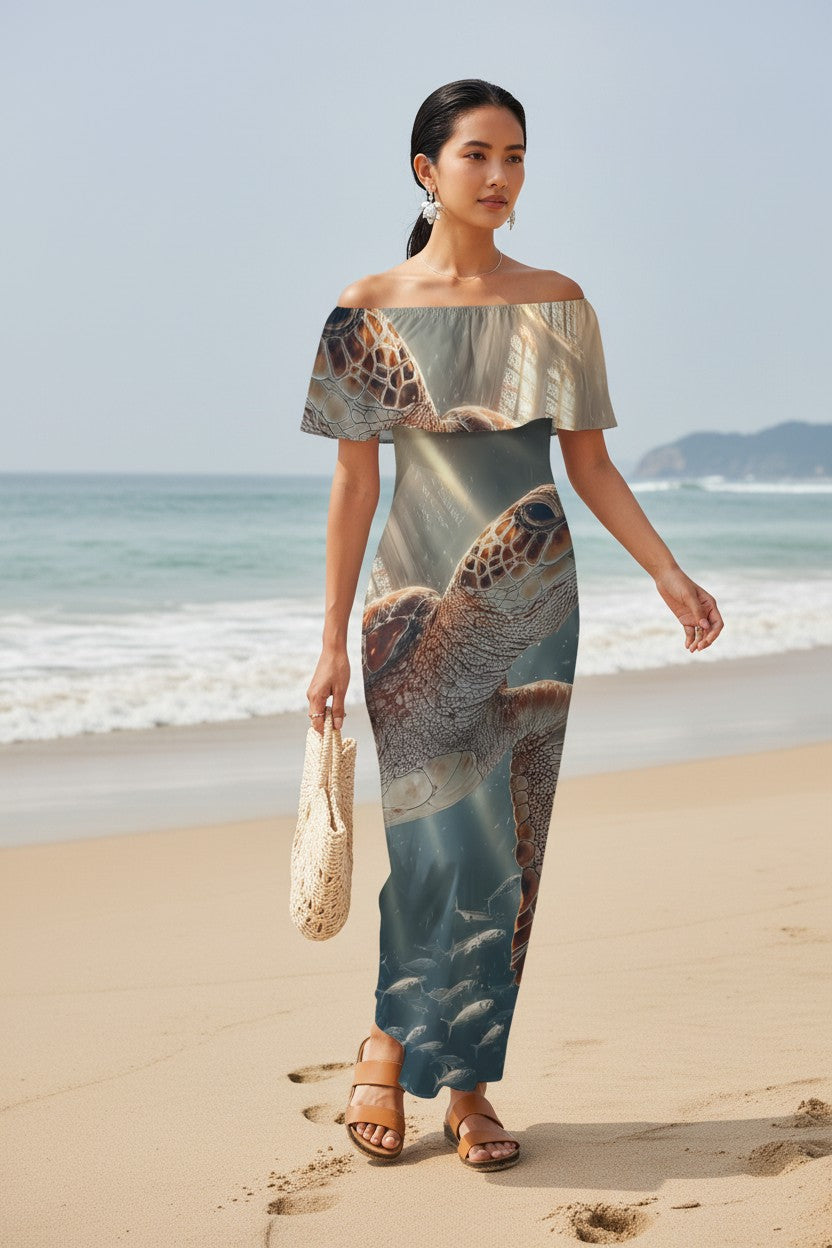 Sea Turtle: The Oceanic Grace Off-Shoulder Maxi